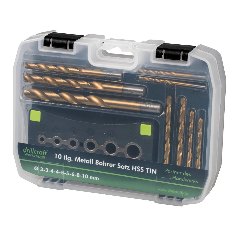 HSS TIN Bohrersatz 10-teilig, 2-10 mm, mit Bohrhilfe HSS TIN Bohrersatz 10-teilig, 2-10 Mm, Mit Bohrhilfe -Profi Werkzeug Geschaft