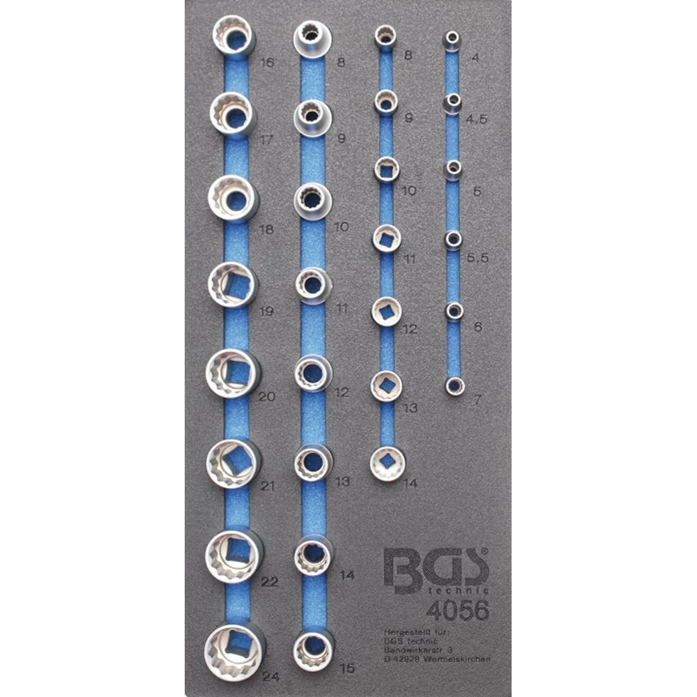 BGS Werkstattwageneinlage 189 x 408x 32 mm, Größe 1/3 mit 29 Schlüssel-Einsätzen für 1/4" und 1/2" BGS Werkstattwageneinlage 189 X 408x 32 Mm, Größe 1/3 Mit 29 Schlüssel-Einsätzen Für 1/4" Und 1/2" -Profi Werkzeug Geschaft