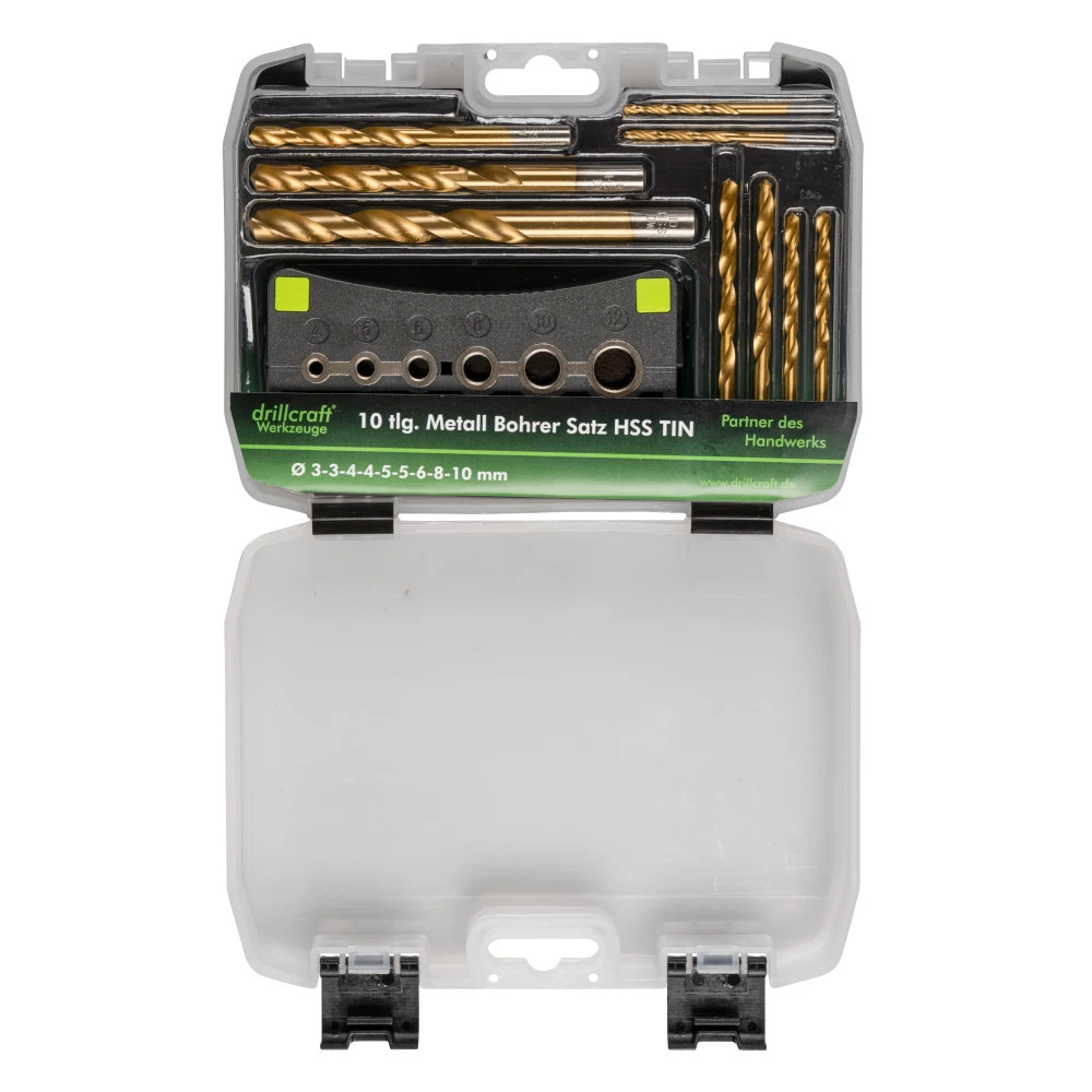 HSS TIN Bohrersatz 10-teilig, 2-10 mm, mit Bohrhilfe HSS TIN Bohrersatz 10-teilig, 2-10 Mm, Mit Bohrhilfe -Profi Werkzeug Geschaft