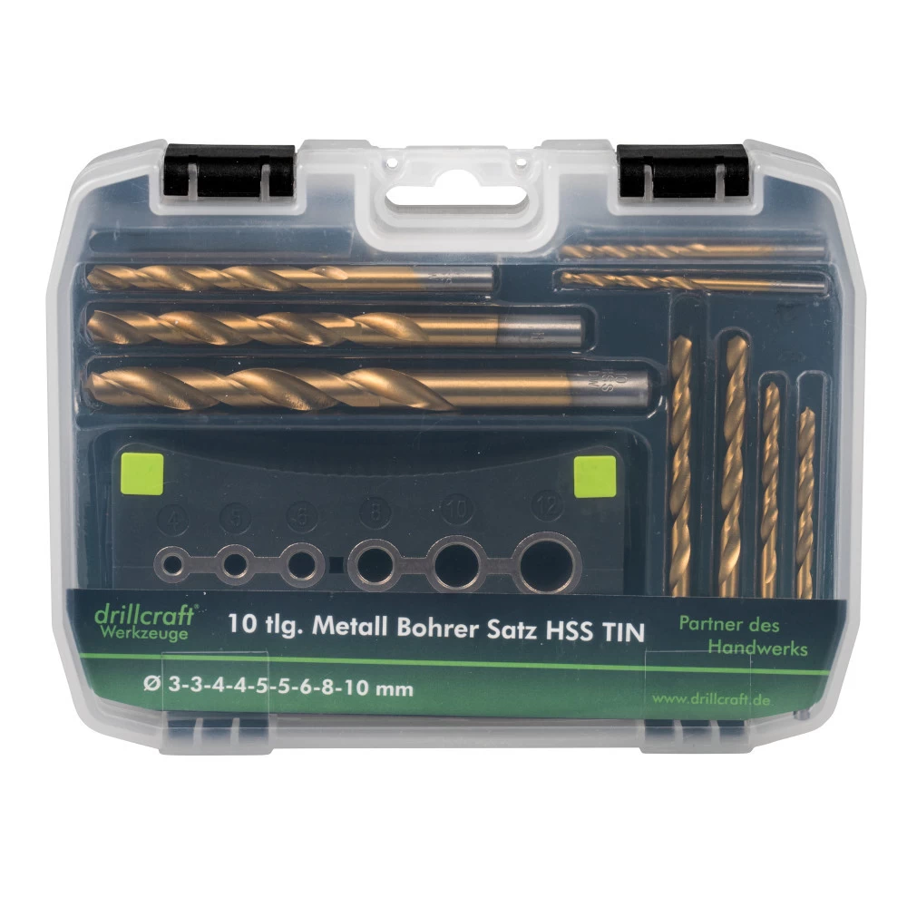 HSS TIN Bohrersatz 10-teilig, 2-10 mm, mit Bohrhilfe HSS TIN Bohrersatz 10-teilig, 2-10 Mm, Mit Bohrhilfe -Profi Werkzeug Geschaft
